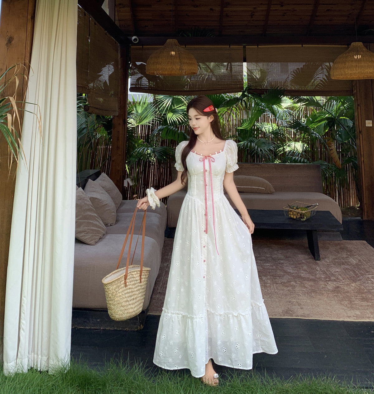 White Floral Embroidery Tiered Maxi Dress