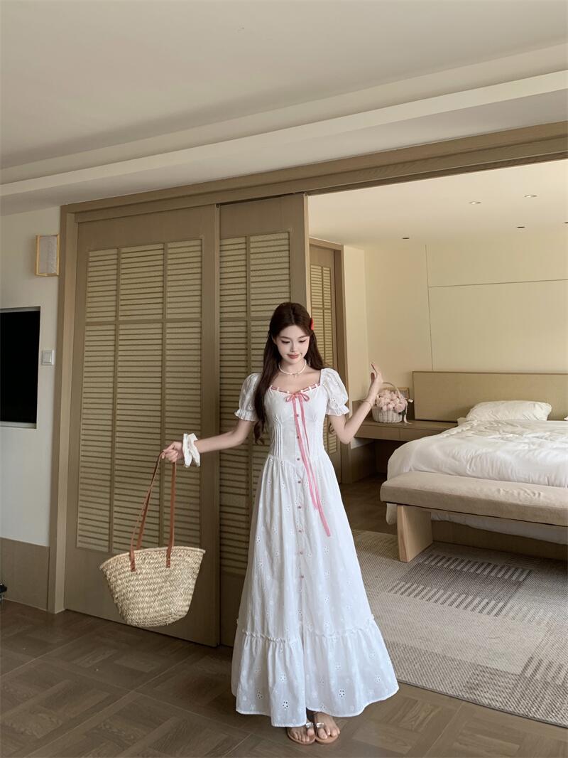White Floral Embroidery Tiered Maxi Dress
