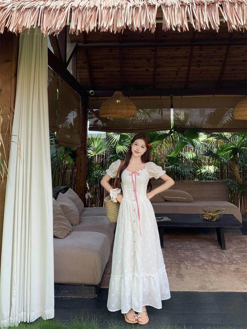 White Floral Embroidery Tiered Maxi Dress
