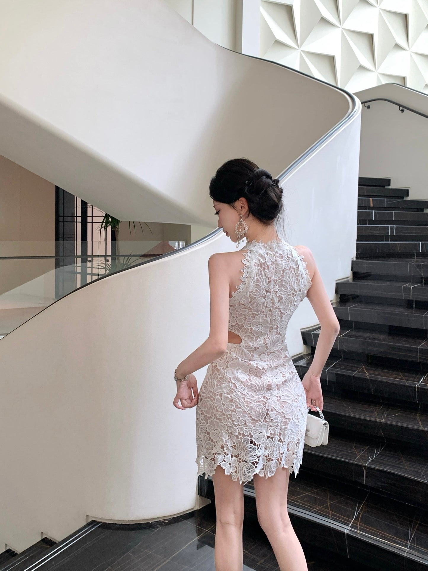 White Floral Guipure Lace Halter Mini Dress