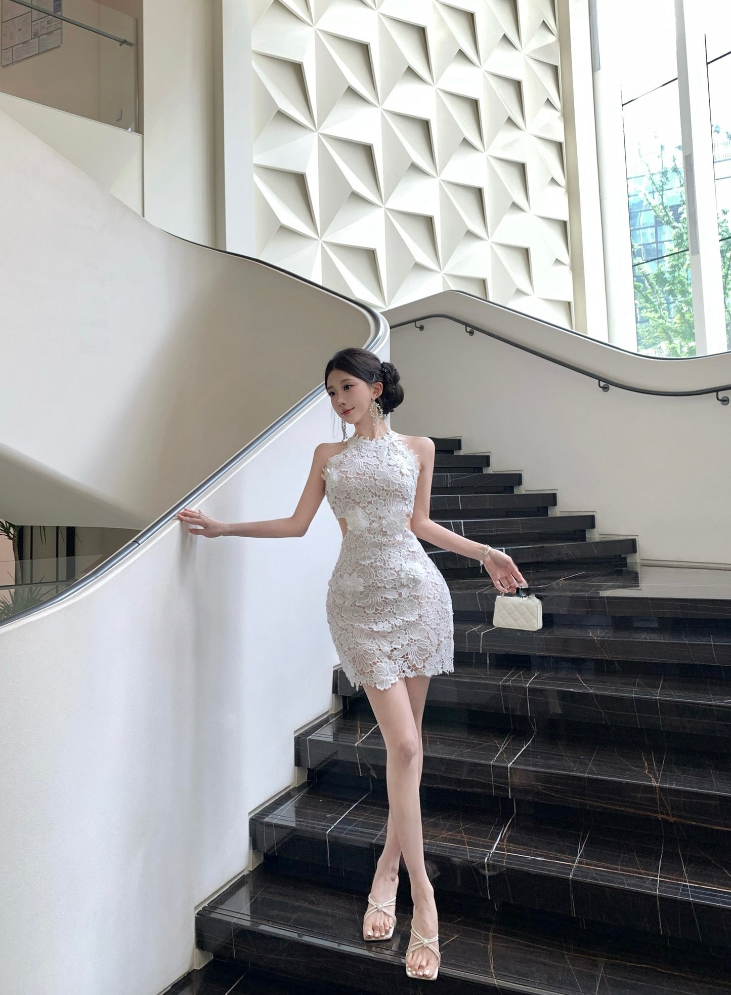 White Floral Guipure Lace Halter Mini Dress