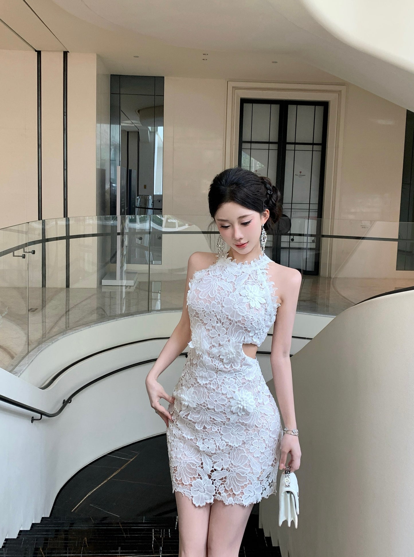 White Floral Guipure Lace Halter Mini Dress