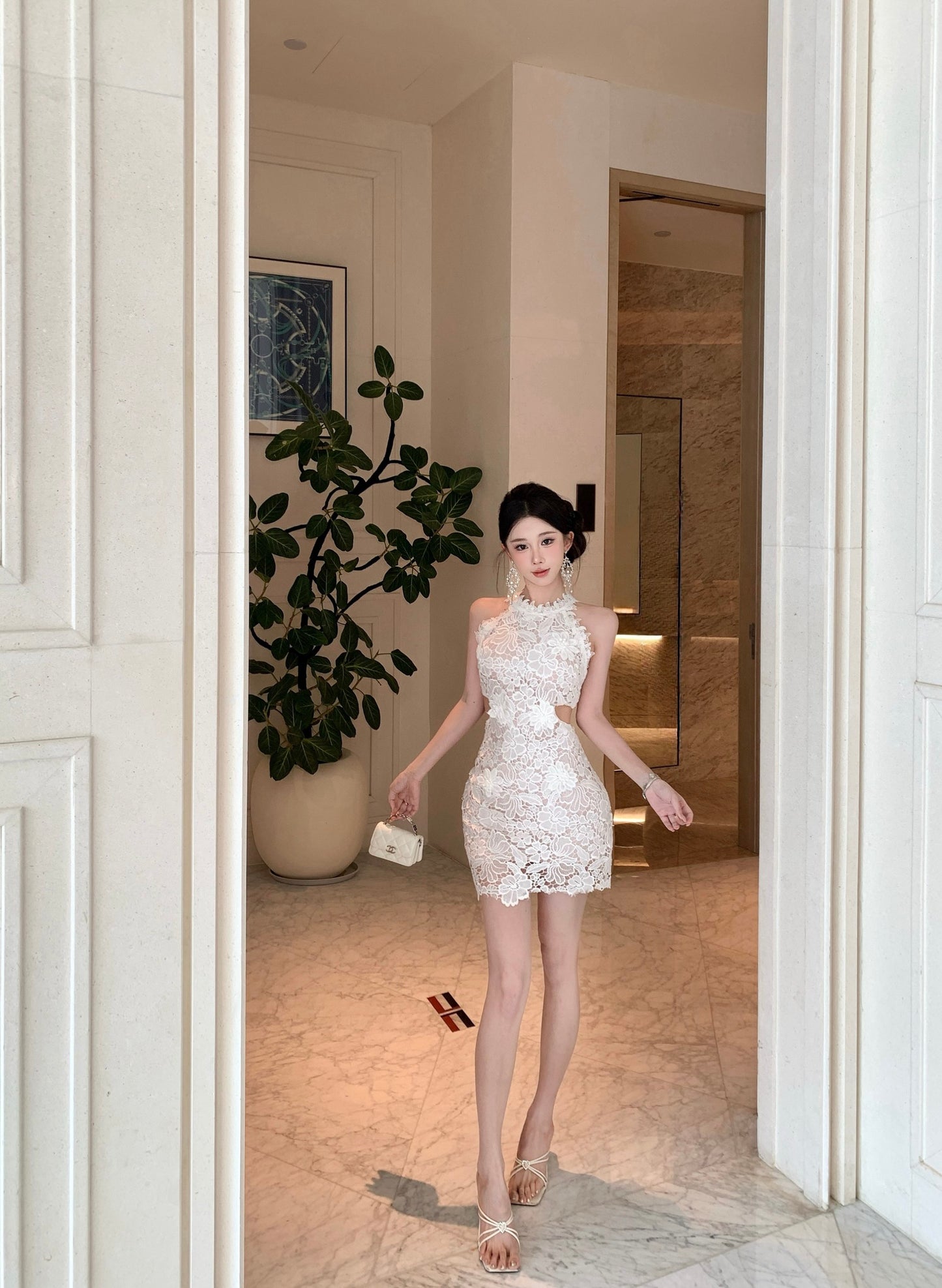 White Floral Guipure Lace Halter Mini Dress