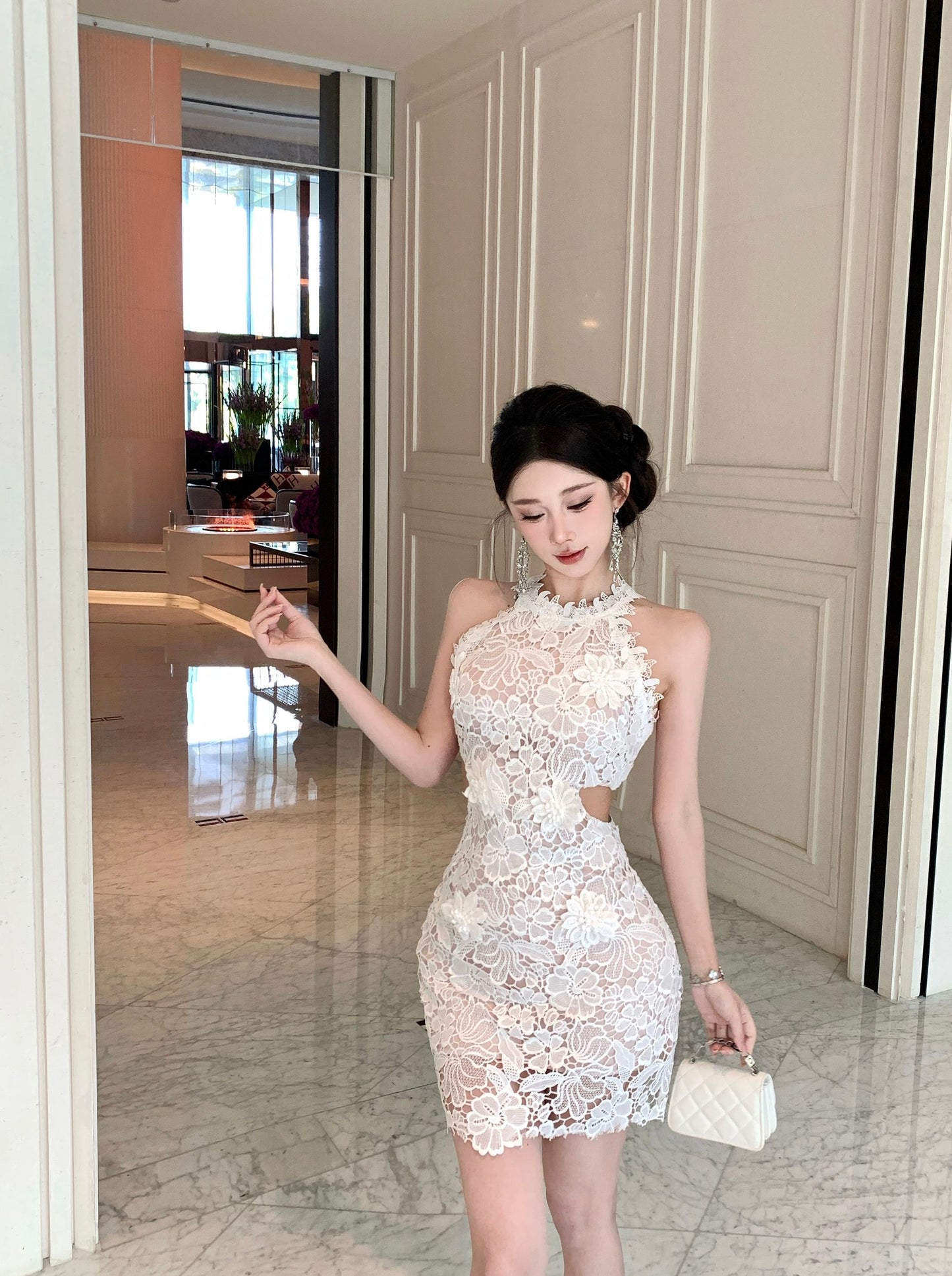 White Floral Guipure Lace Halter Mini Dress