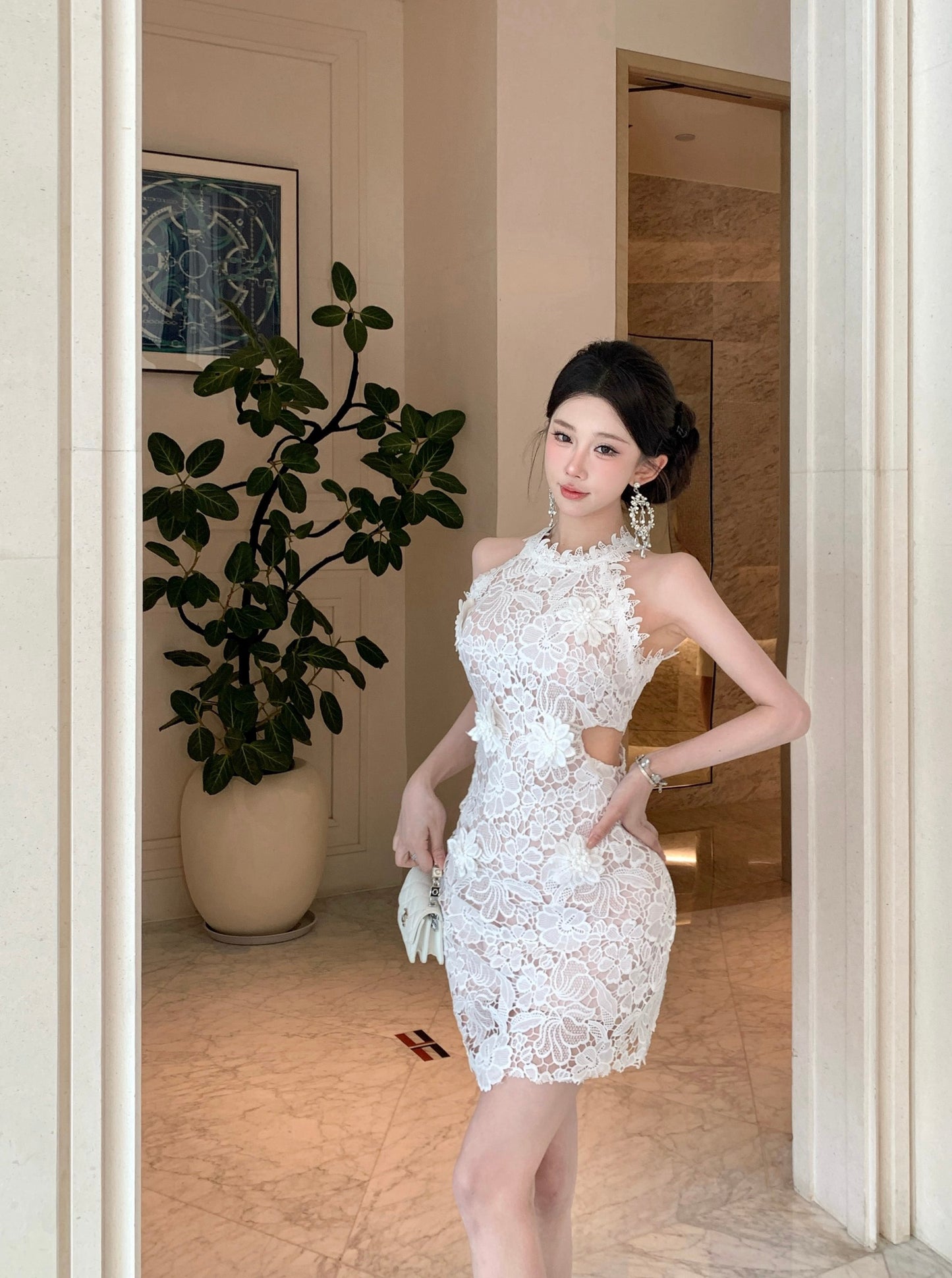 White Floral Guipure Lace Halter Mini Dress