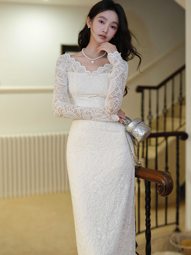 White Floral Lace Illusion Off-The-Shoulder Fitted Bodycon Dress