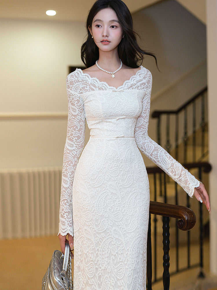 White Floral Lace Illusion Off-The-Shoulder Fitted Bodycon Dress