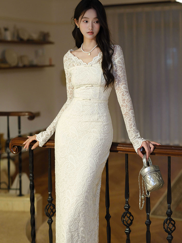 White Floral Lace Illusion Off-The-Shoulder Fitted Bodycon Dress