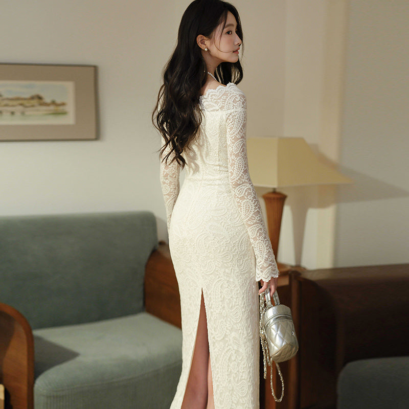 White Floral Lace Illusion Off-The-Shoulder Fitted Bodycon Dress
