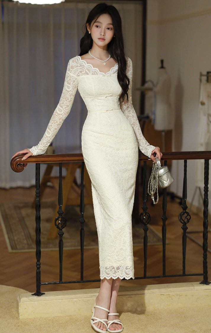 White Floral Lace Illusion Off-The-Shoulder Fitted Bodycon Dress