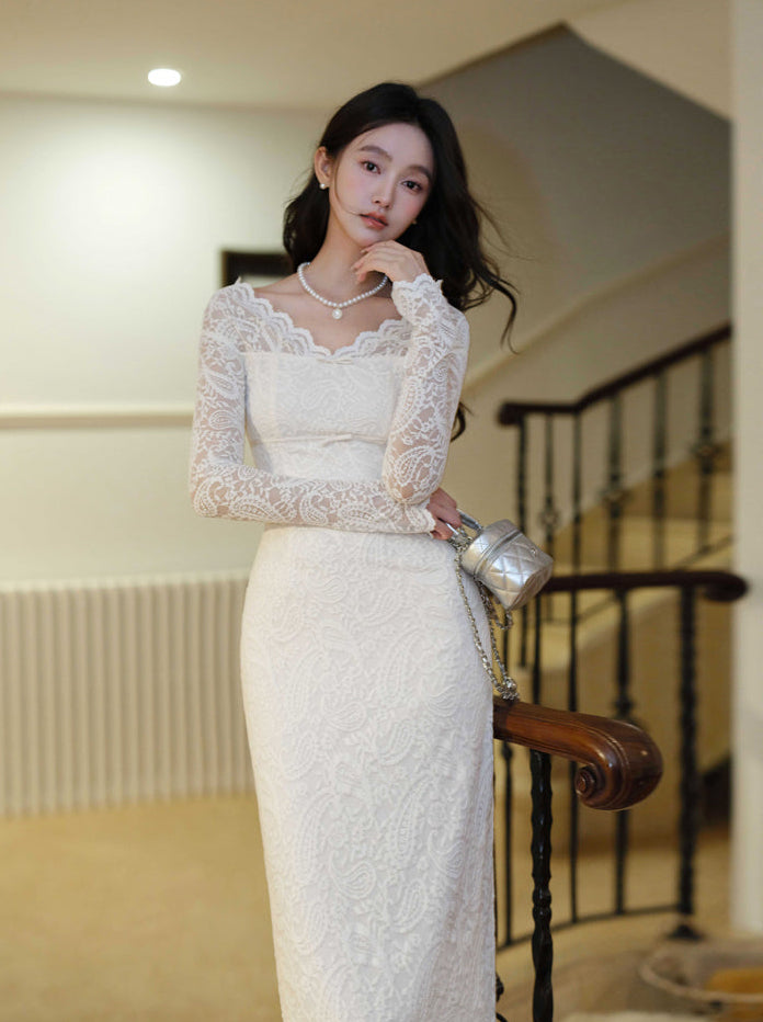 White Floral Lace Illusion Off-The-Shoulder Fitted Bodycon Dress