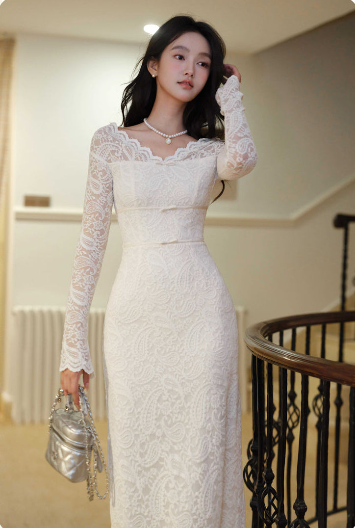 White Floral Lace Illusion Off-The-Shoulder Fitted Bodycon Dress