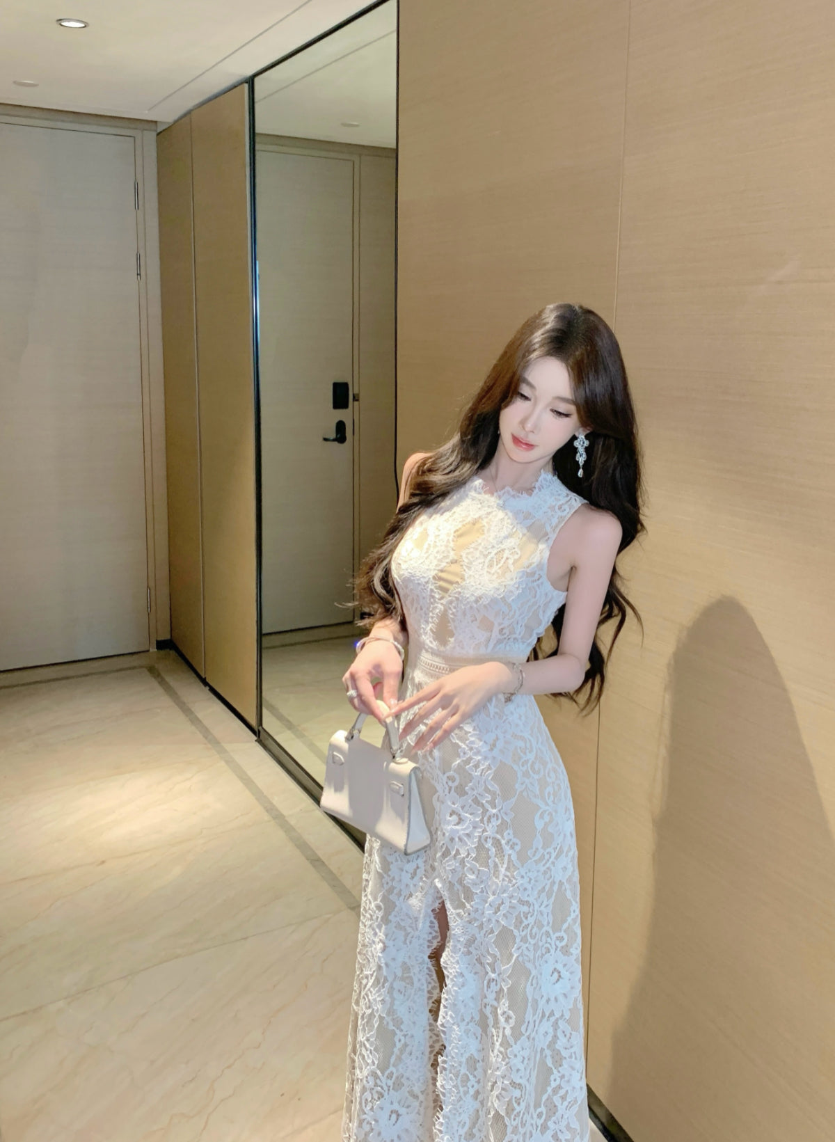 Floral Lace Maxi Dress – Sleeveless Illusion High Slit Gown
