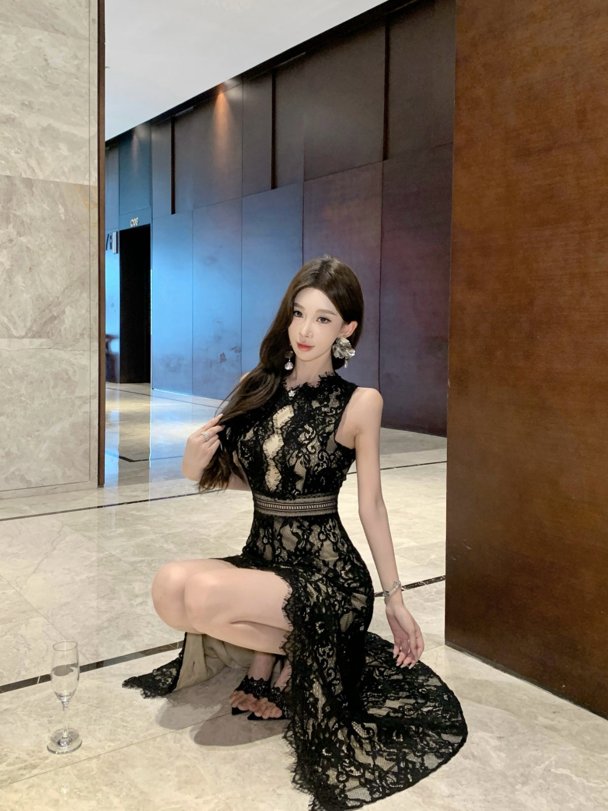 Floral Lace Maxi Dress – Sleeveless Illusion High Slit Gown