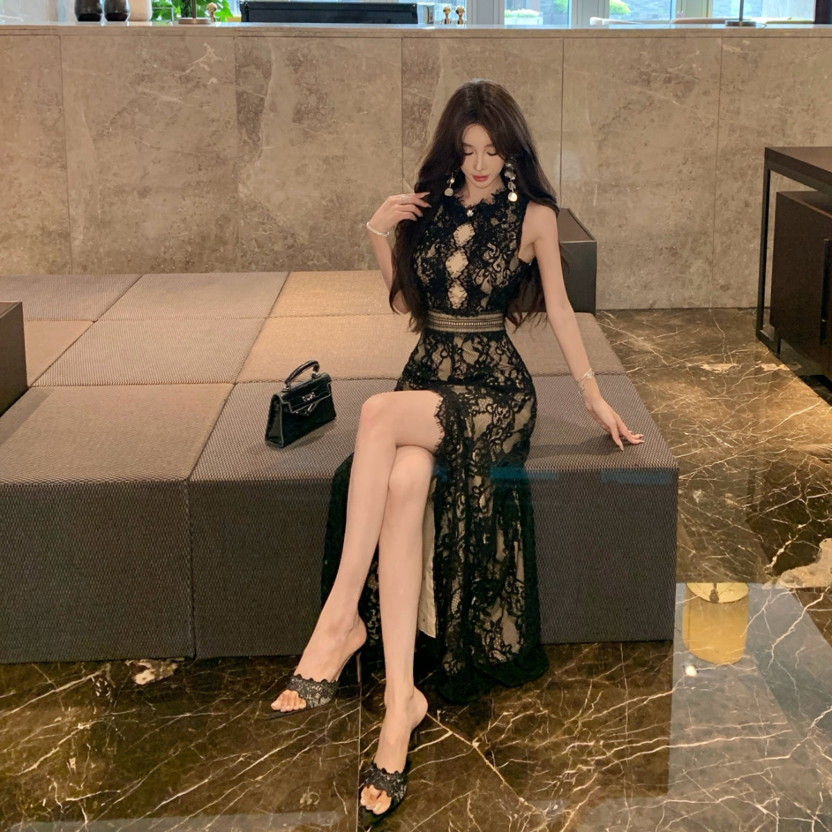 Floral Lace Maxi Dress – Sleeveless Illusion High Slit Gown