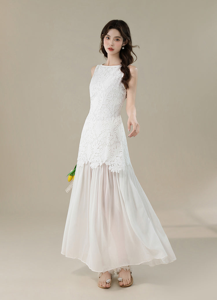 White Floral Lace Sleeveless Maxi Dress With Sheer Hem