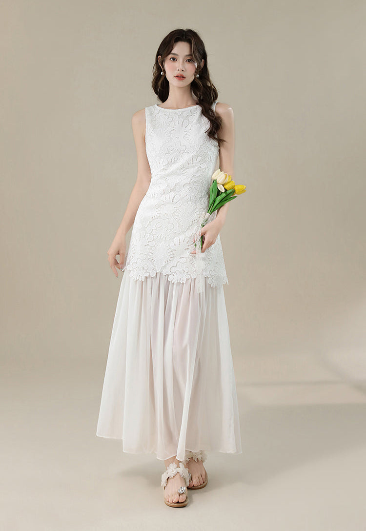 White Floral Lace Sleeveless Maxi Dress With Sheer Hem
