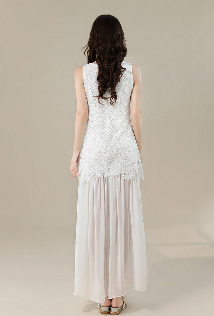 White Floral Lace Sleeveless Maxi Dress With Sheer Hem
