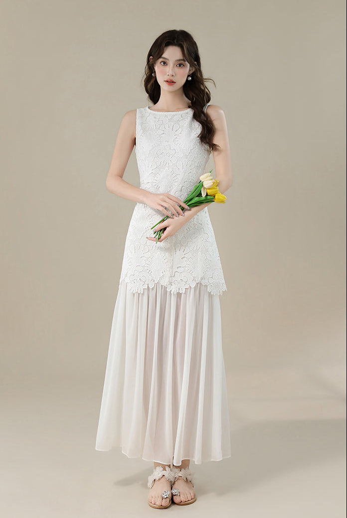 White Floral Lace Sleeveless Maxi Dress With Sheer Hem