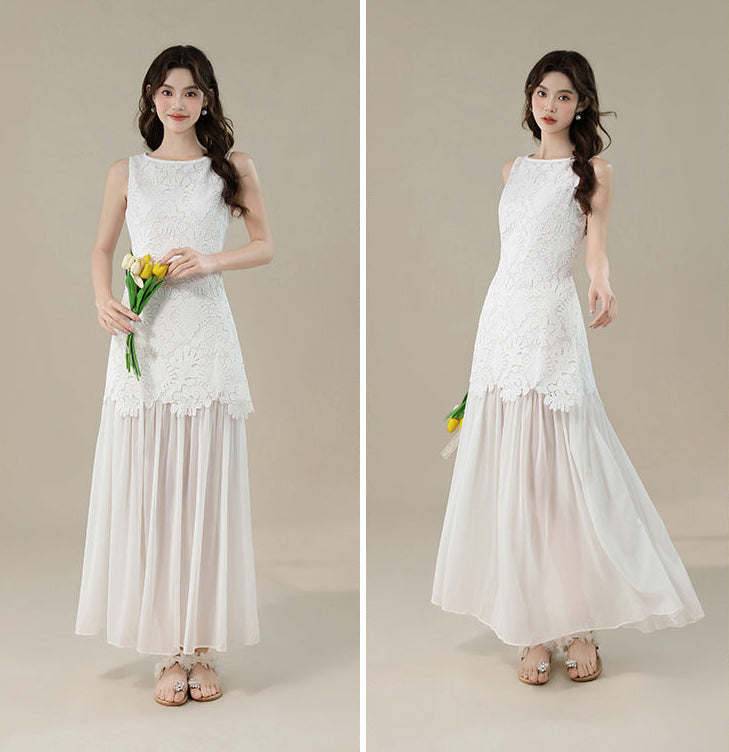 White Floral Lace Sleeveless Maxi Dress With Sheer Hem