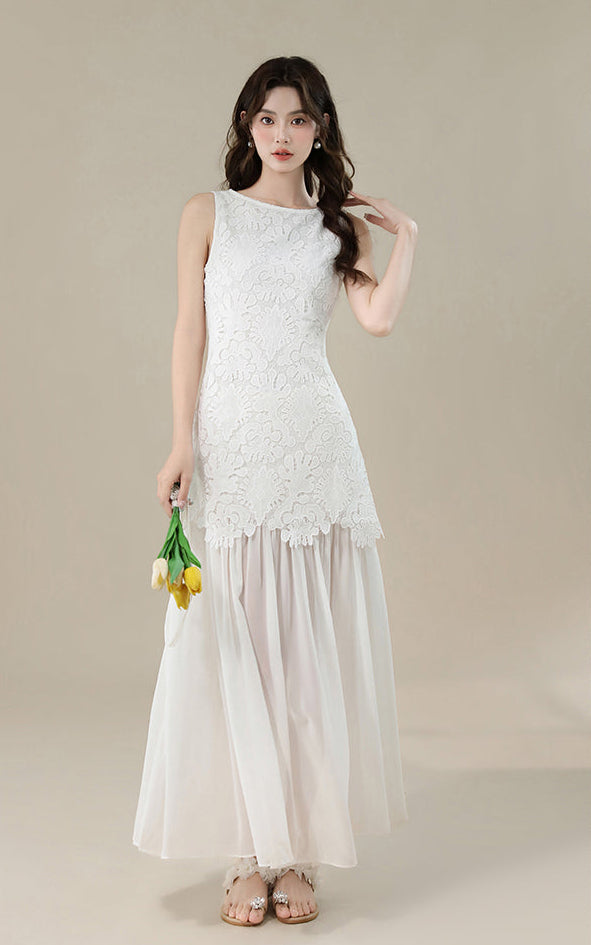 White Floral Lace Sleeveless Maxi Dress With Sheer Hem