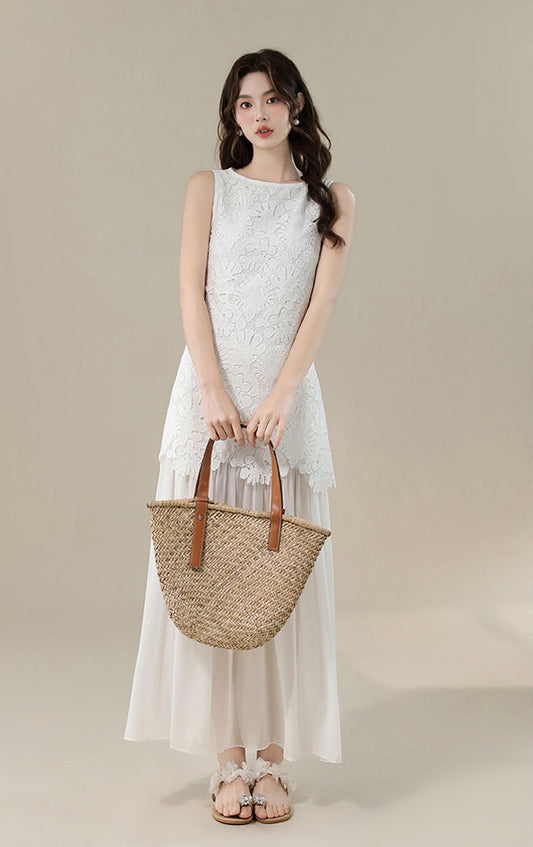 White Floral Lace Sleeveless Maxi Dress With Sheer Hem