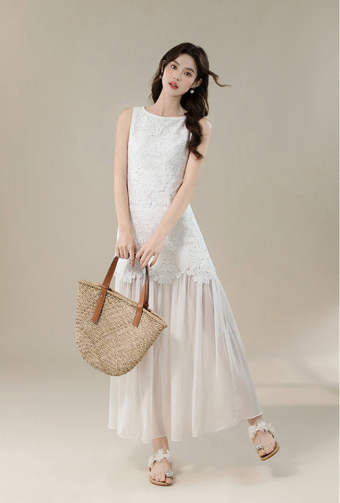 White Floral Lace Sleeveless Maxi Dress With Sheer Hem