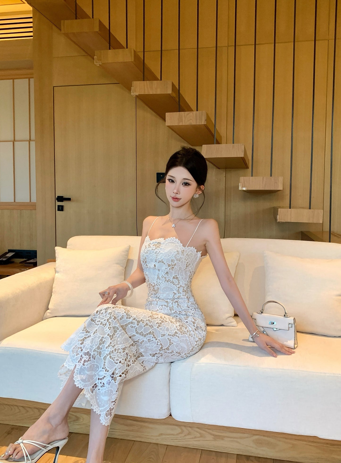 White Lace Spaghetti Strap Bodycon Maxi Dress