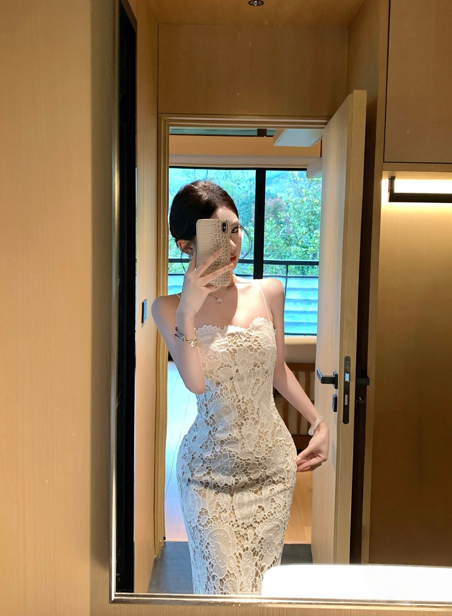 White Lace Spaghetti Strap Bodycon Maxi Dress