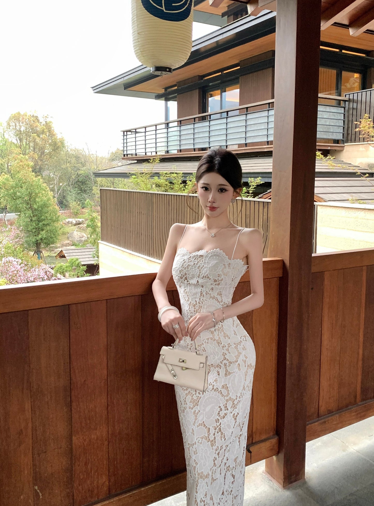 White Lace Spaghetti Strap Bodycon Maxi Dress