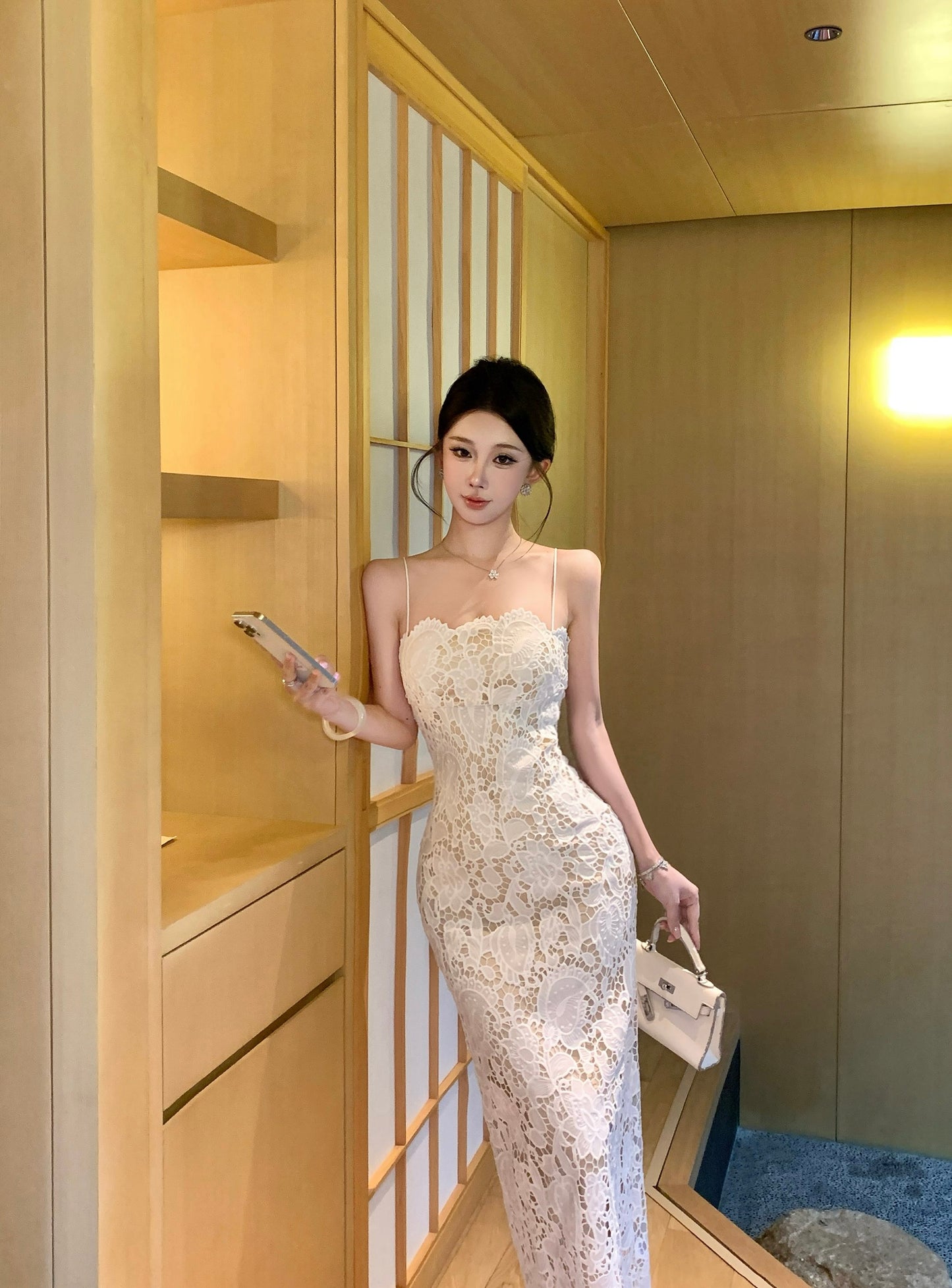 White Lace Spaghetti Strap Bodycon Maxi Dress