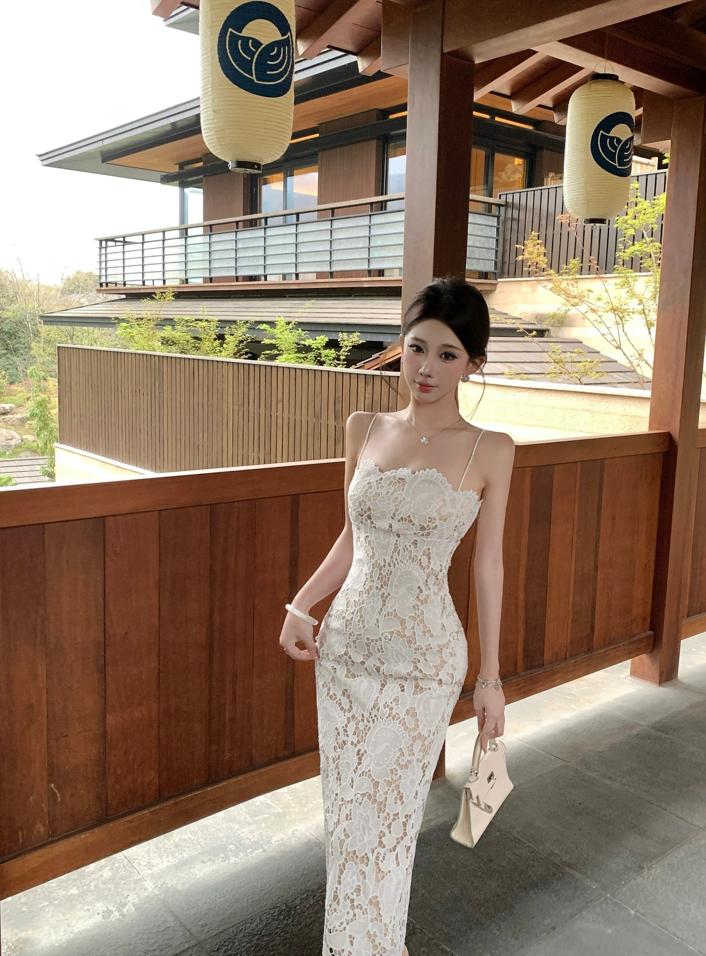 White Lace Spaghetti Strap Bodycon Maxi Dress