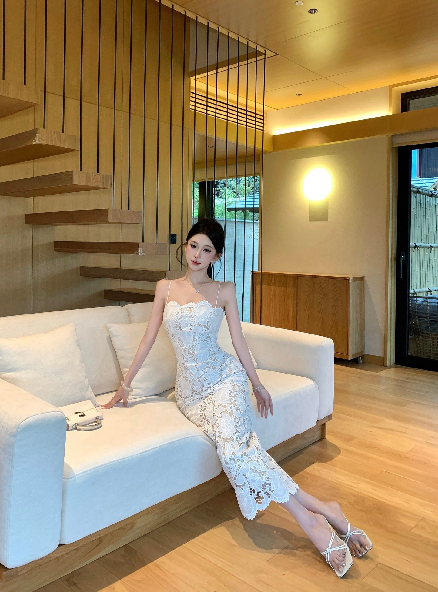 White Lace Spaghetti Strap Bodycon Maxi Dress