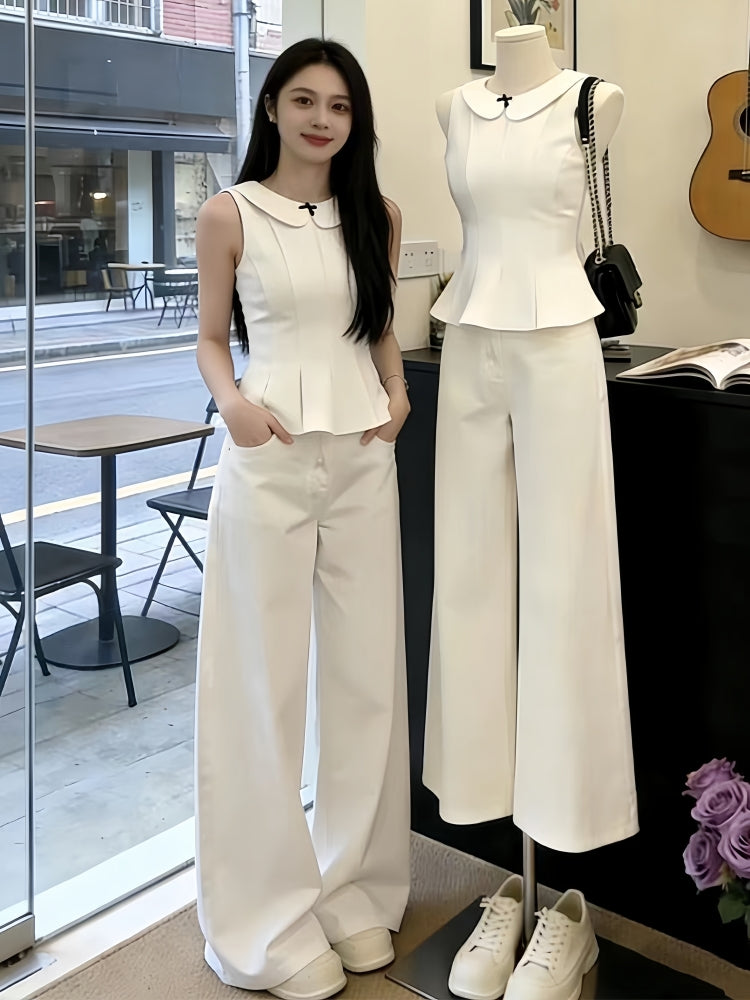 Sophisticated White Peplum Sleeveless Top & Wide-Leg Trouser Set