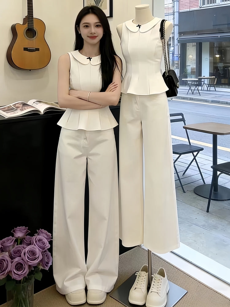 Sophisticated White Peplum Sleeveless Top & Wide-Leg Trouser Set
