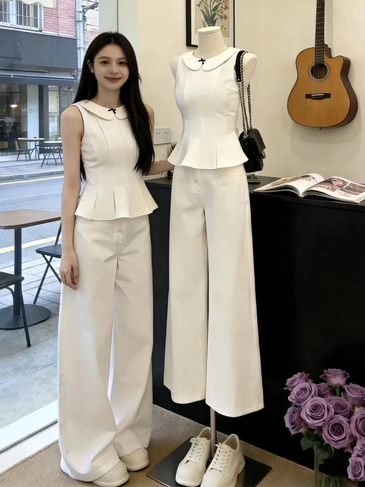 Sophisticated White Peplum Sleeveless Top & Wide-Leg Trouser Set