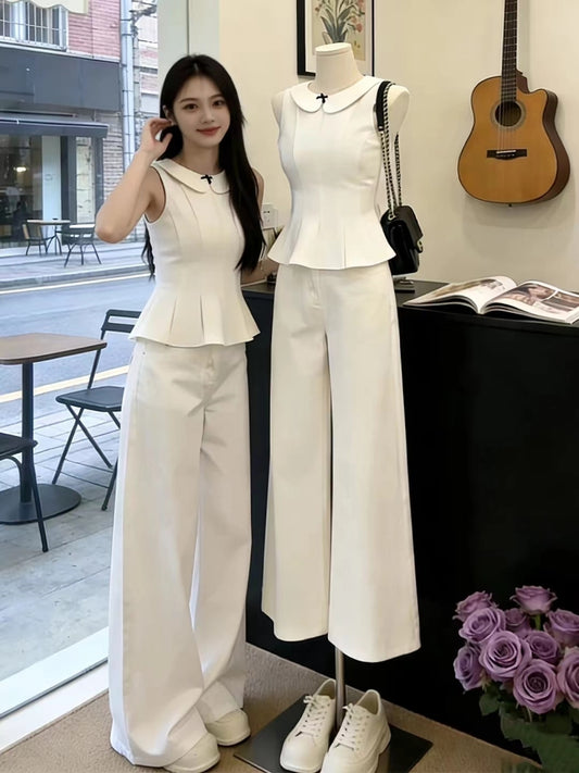 Sophisticated White Peplum Sleeveless Top & Wide-Leg Trouser Set