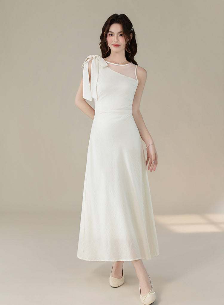 White One-Shoulder Bow Midi Dress