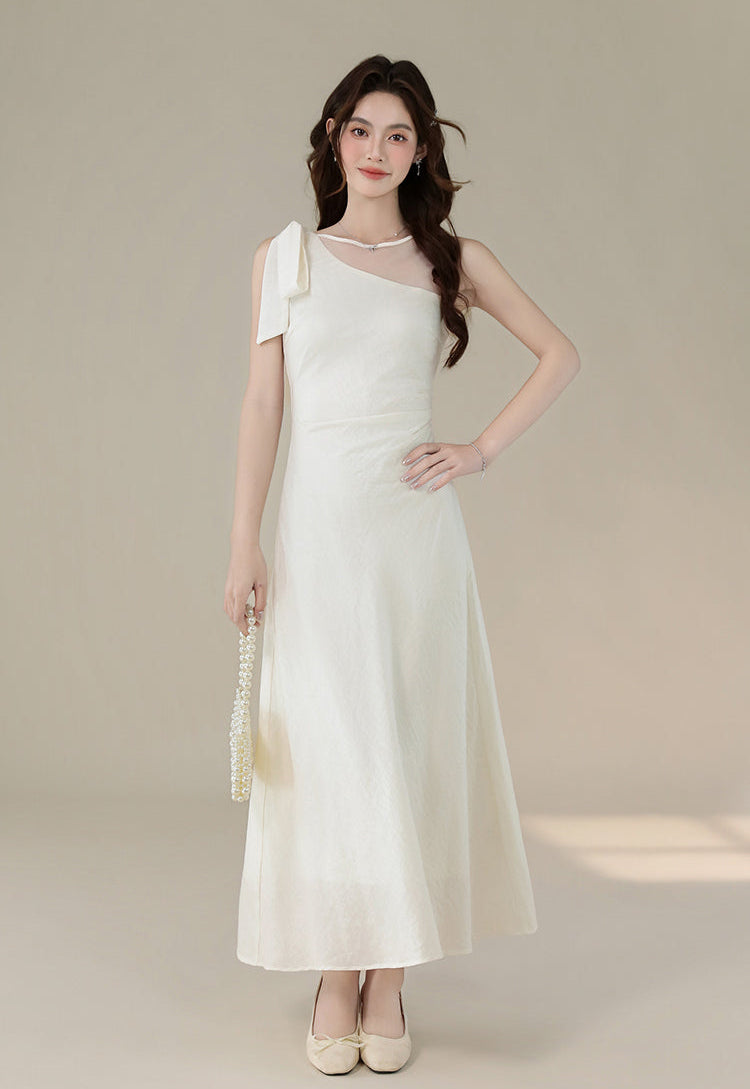 White One-Shoulder Bow Midi Dress