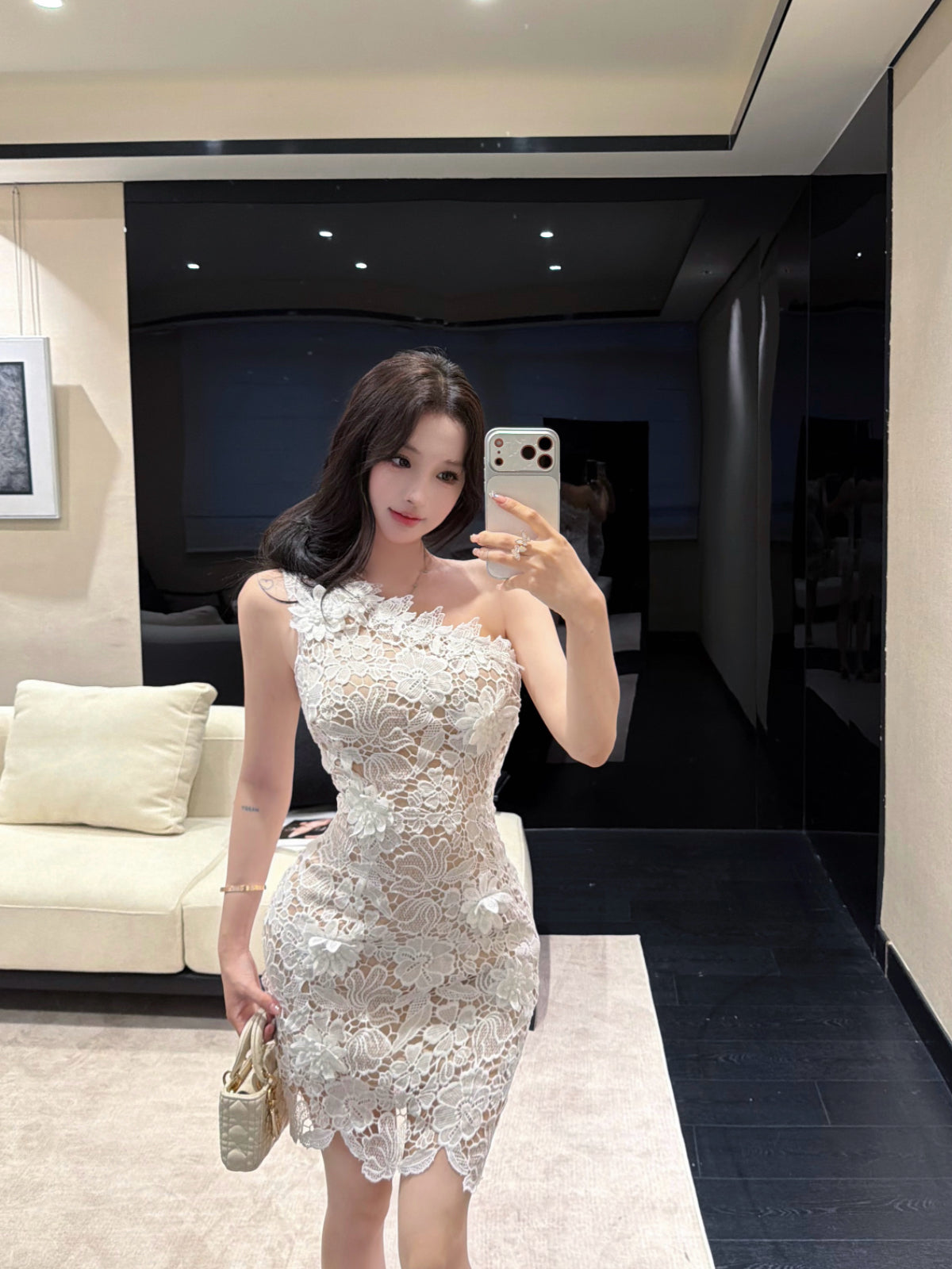 White One-Shoulder Lace Mini Dress - 3D Floral Cocktail Dress