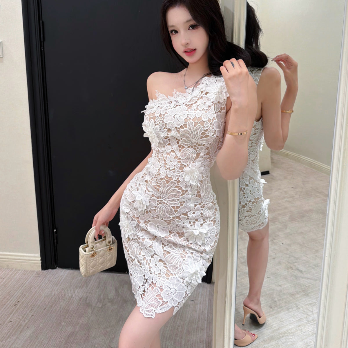White One-Shoulder Lace Mini Dress - 3D Floral Cocktail Dress