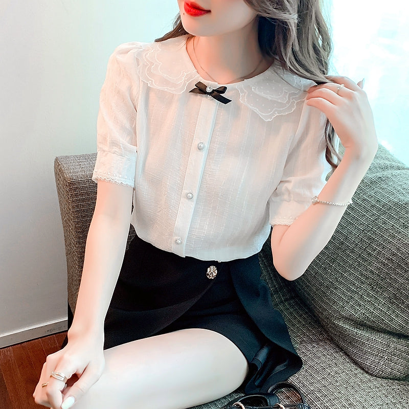 White Peter Pan Collar Blouse with Bow & Pearl Buttons
