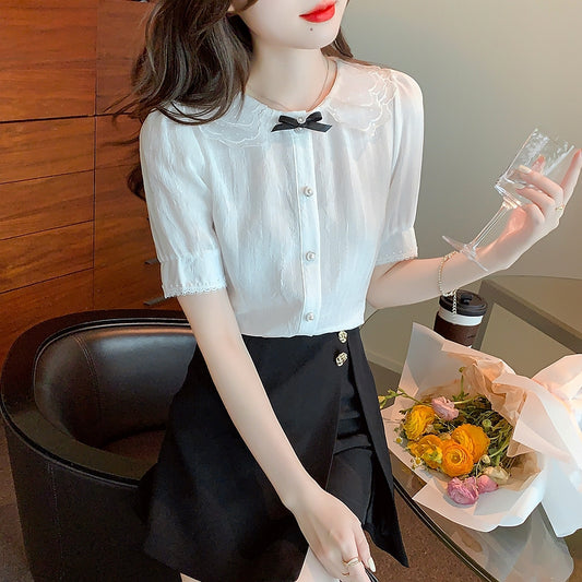 White Peter Pan Collar Blouse with Bow & Pearl Buttons