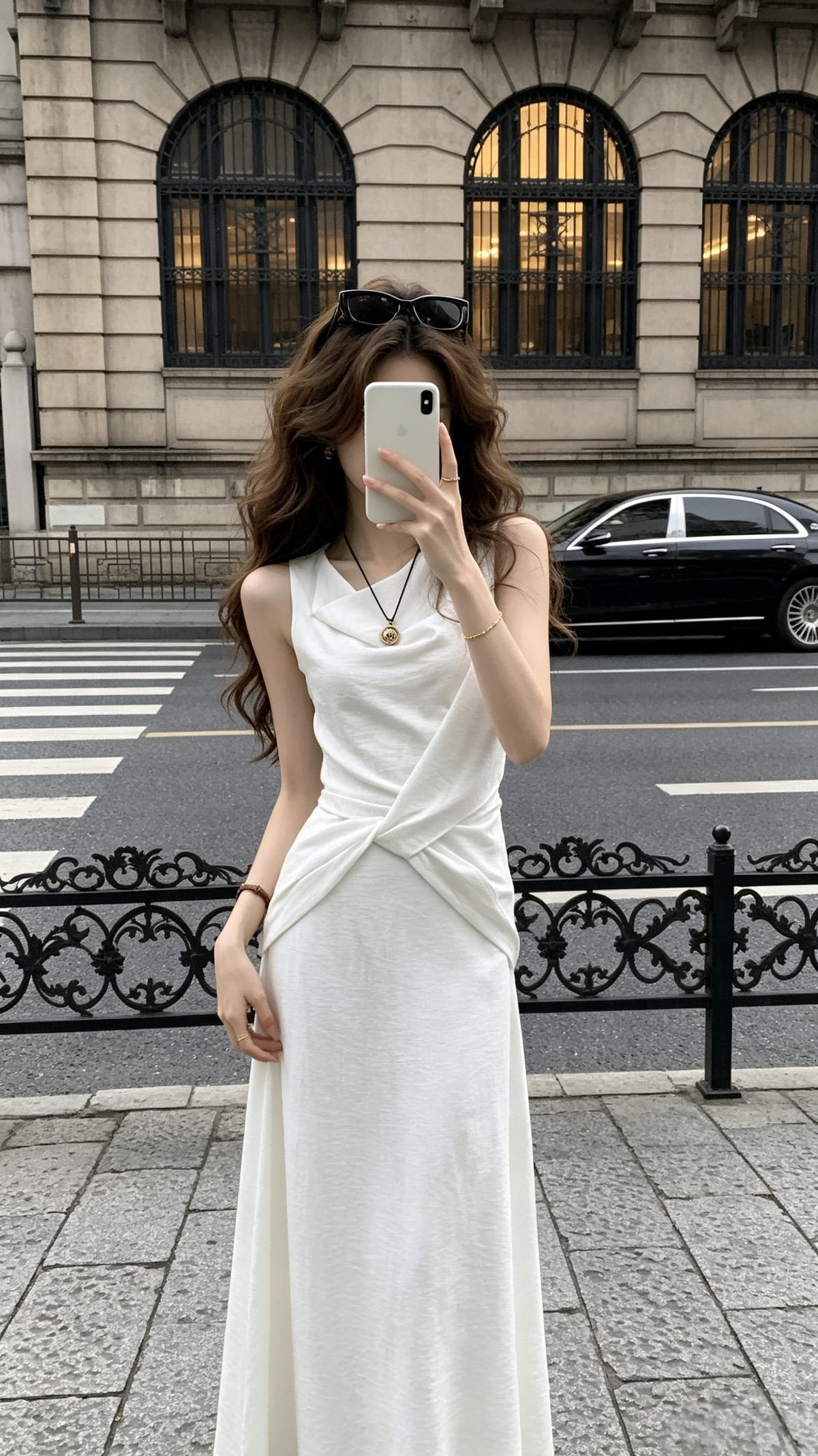 White Sleeveless Twist-Waist Drape Maxi Dress