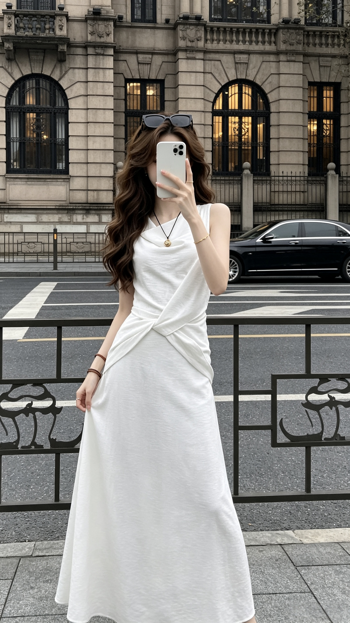 White Sleeveless Twist-Waist Drape Maxi Dress
