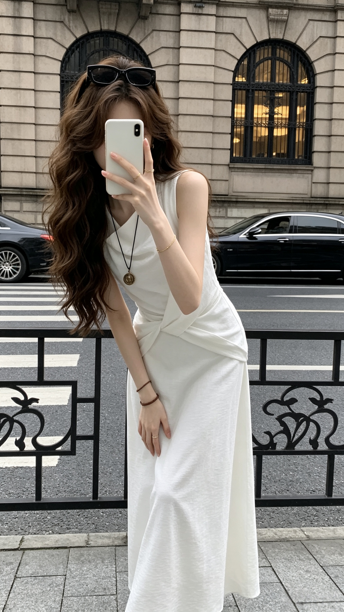 White Sleeveless Twist-Waist Drape Maxi Dress