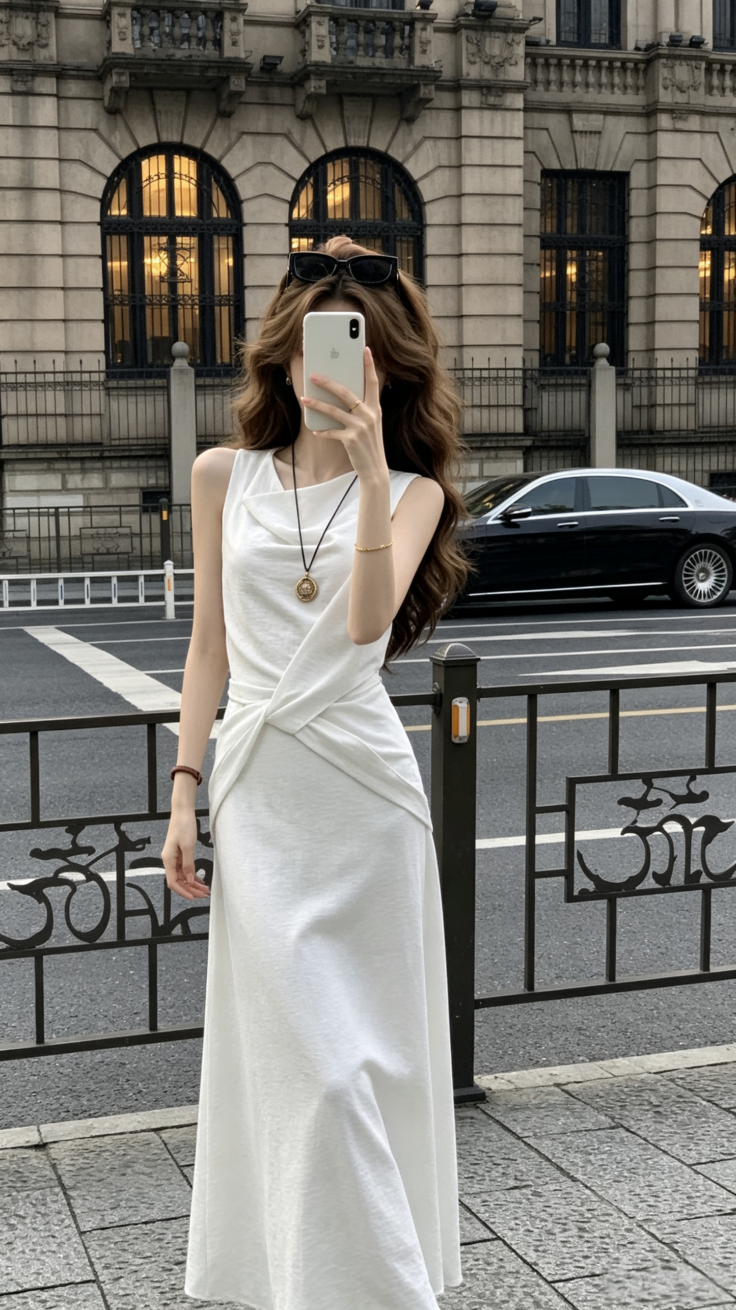 White Sleeveless Twist-Waist Drape Maxi Dress