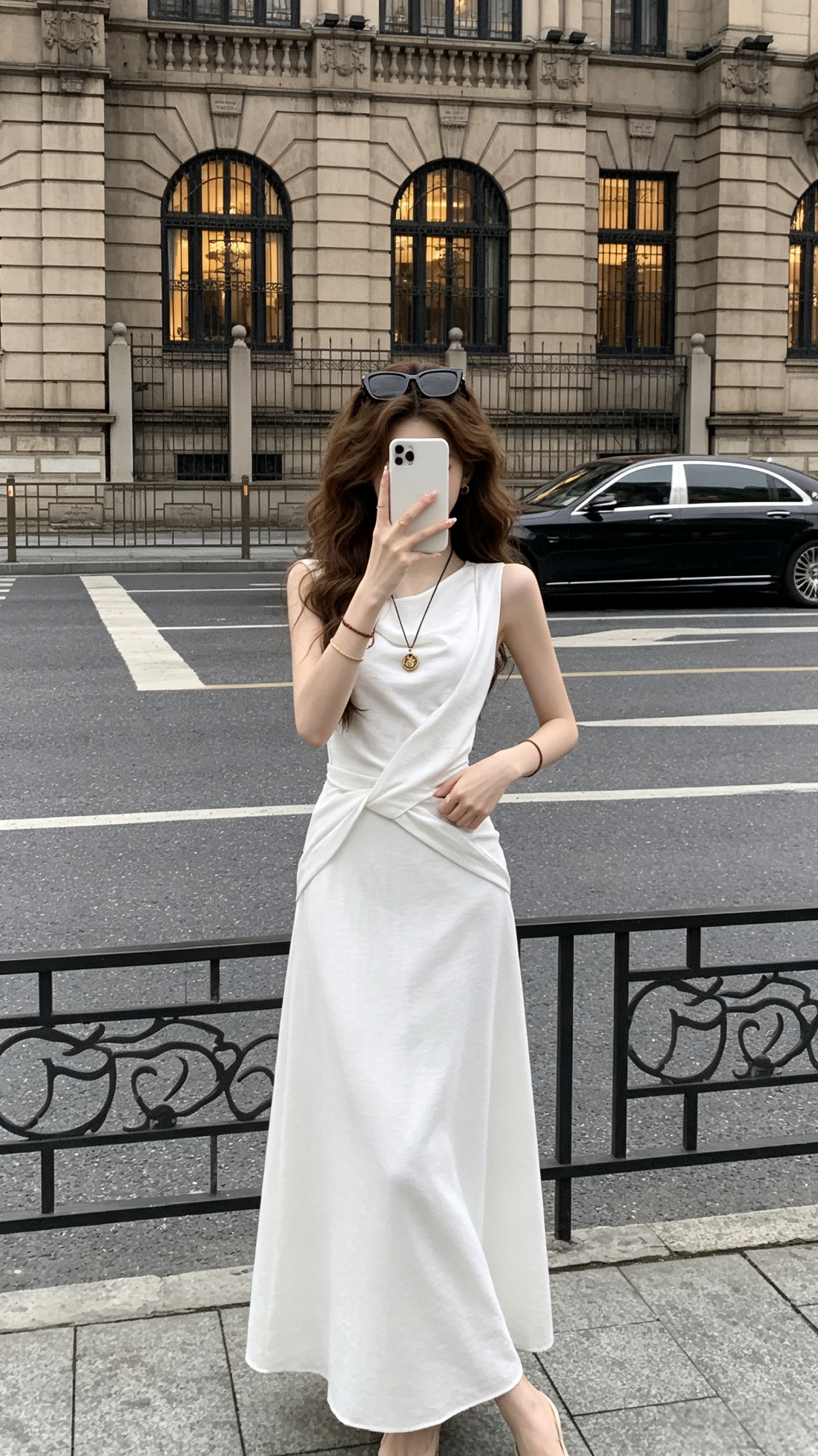 White Sleeveless Twist-Waist Drape Maxi Dress