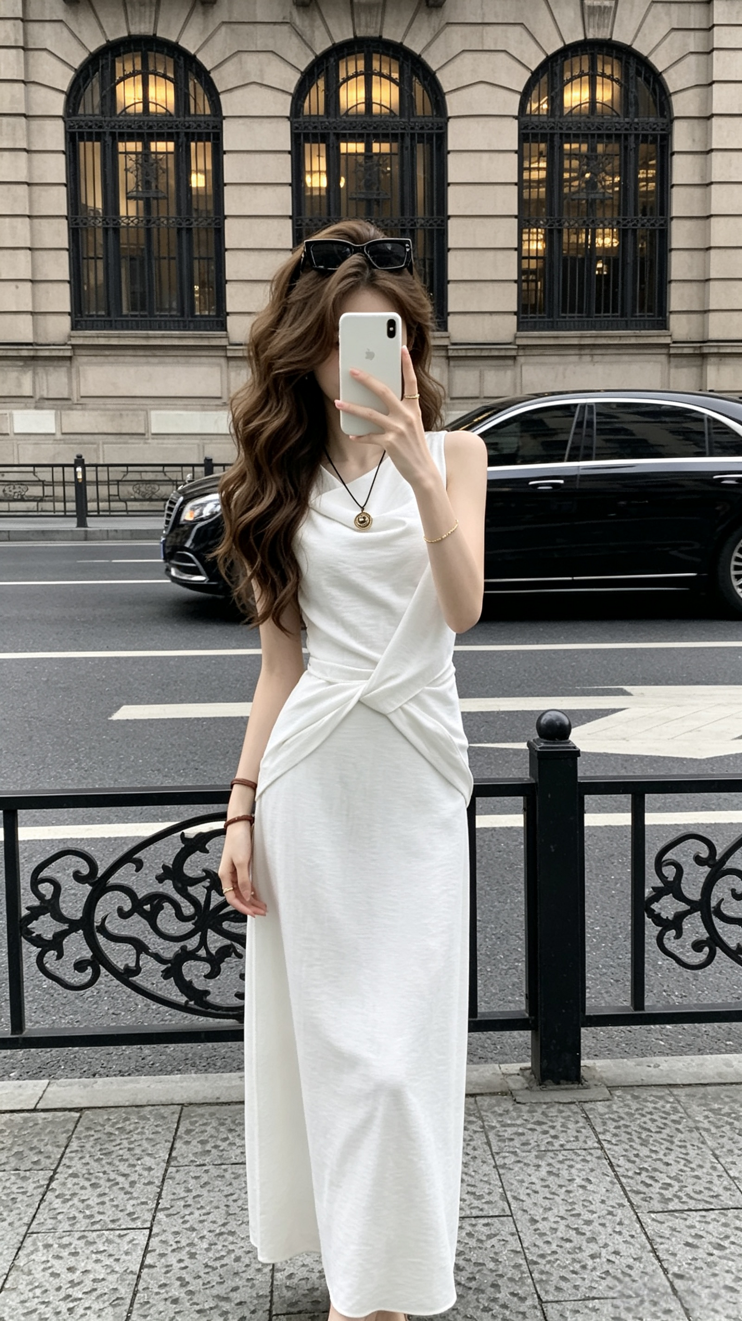 White Sleeveless Twist-Waist Drape Maxi Dress