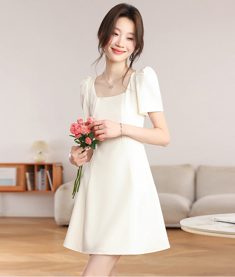 Vintage Pearl Puff-Sleeve Dress